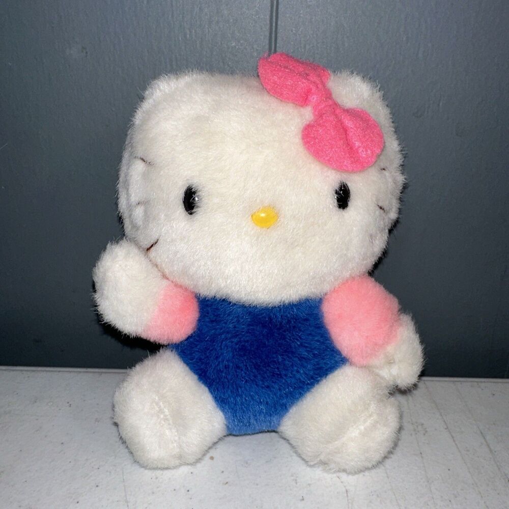 Vintage Sanrio Hello Kitty Plush Stuffed Toy 1990 Blue Dress Pink Sleeve/Bow 5”
